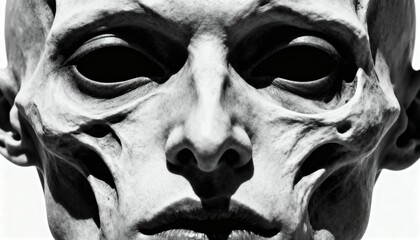 Close-up of a gaunt, skeletal-like face sculpture in black and white