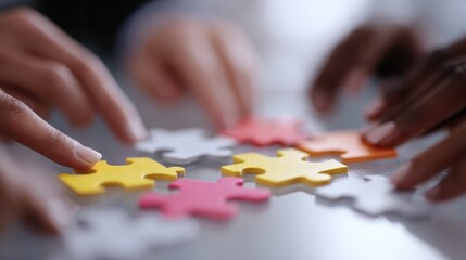Happy multiracial employees intently connecting jigsaw puzzle parts on a table, seen from a worm eye view, embodying unity and solution-finding.