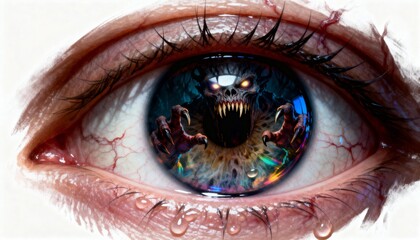 Demonic horror reflected in a human eye with tears
