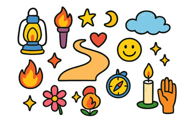 Fototapeta premium Glowing Path of Symbols. Shining Path. Colorful Hand-drawn doodle Children illustration glowing lantern, torch, star, moon, compass, path, heart, smiley face,