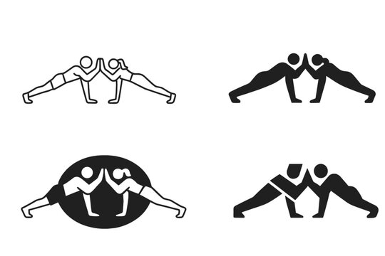 Partner Exercise Logos. A couple doing partner exercises, motivating and supporting each other. Set Logo of A couple doing partner exercises, motivating and