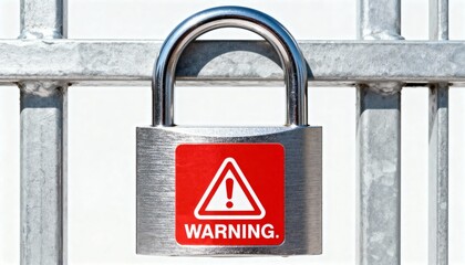 Security padlock with warning sign attached to a galvanized metal fence