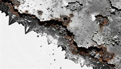 Abstract macro view of corroded metal texture with clear jagged formations and debris