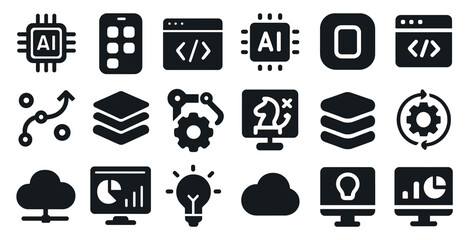 Technology and ai solid icons set – flat, filled, digital innovation symbols
