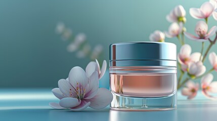 Jar of face cream surrounded by delicate pink flowers on a light background. Jar of glass cosmetic emulsion on a white table.