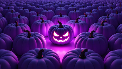 Obraz premium Glowing Evil Purple Jack-o'-Lantern Amongst a Field of Violet Pumpkins