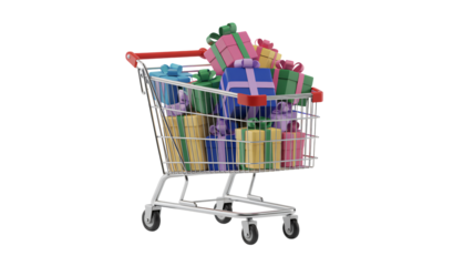 Shopping cart overflowing with colorful gift boxes, perfect for Christmas promotions and holiday sales, bringing joy and excitement to your festive marketing campaigns