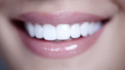 Obraz premium Happy woman mouth, confident smile revealing a perfectly integrated dental implant. Bright, healthy gums and natural-looking teeth.
