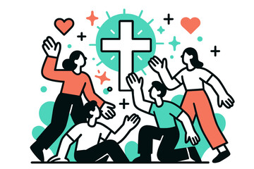 Fototapeta premium Glowing Unity Cross. Community Faith. A glowing cross surrounded by people silhouettes, abstract floating spark and heart icons symbolizing unity. Modern