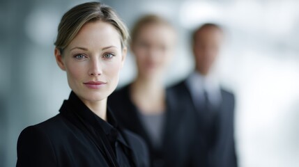 Three focused businesspeople, two women and one man, posing formally in a contemporary office corridor. Professional corporate image.