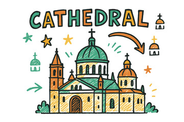 Fototapeta premium Playful Cathedral Doodle. Cathedral Sketch ? Doodle / Sketch style, playful hand-drawn rough letters with arrows, stars, and dome doodles, colorful casual