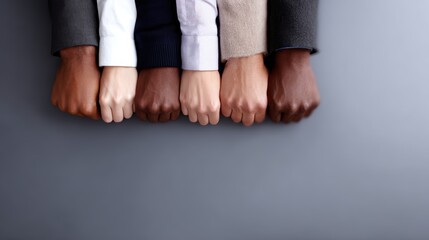 Panoramic shot of a confident, diverse group of business partners, hands joined in a unified line, expressing unwavering collaboration and commitment. Banner.