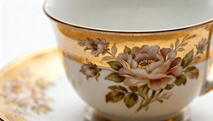 Elegant vintage porcelain teacup with gold and delicate floral pattern