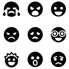 Collection of black and white emoji icons expressing various emotions