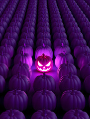 Obraz premium Glowing Evil Jack-o'-Lantern Standing Out in a Dark Field of Purple Pumpkins