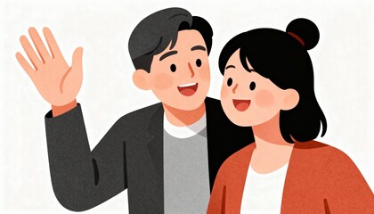 Friendly cartoon man and woman smiling and waving hello