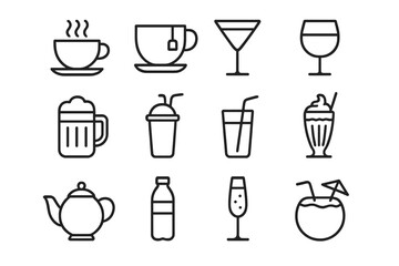 Beverage Icon Set. Beverages. Line icon set of Beverages: coffee cup, tea cup, cocktail, wine glass, beer mug, smoothie, juice glass, milkshake, teapot, water