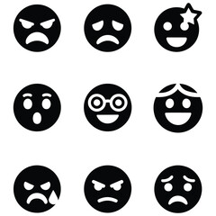 Collection of diverse emoji faces expressing various emotions. set of nine different smiles