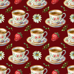 Watercolor seamless pattern tea party in a garden. Strawberry camomile tea