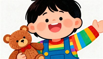 Joyful cartoon child holding a teddy bear with colorful clothes