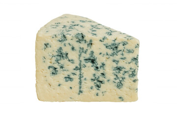 Blue cheese wedge presenting a creamy texture and striking blue mold veins, isolated on a transparent background