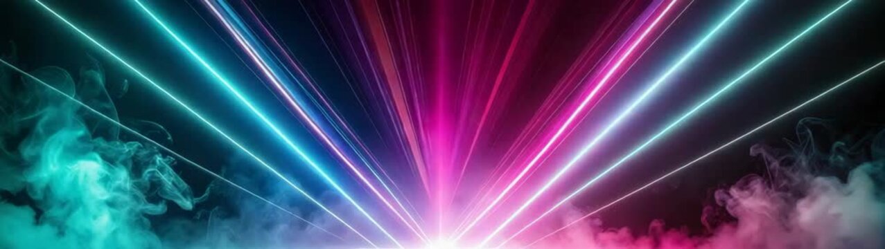 Dark futuristic corridor illuminated by vibrant pink and green laser lights cutting through smoke.