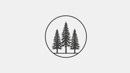 A minimalist graphic of three evergreen trees inside a black circle. The backdrop is light gray