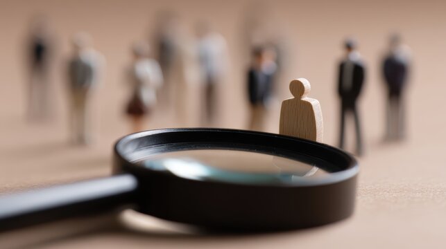 Businessman with a magnifying glass meticulously scanning a stylized wooden hacker figure hidden within a diverse business team. Cybersecurity concept.