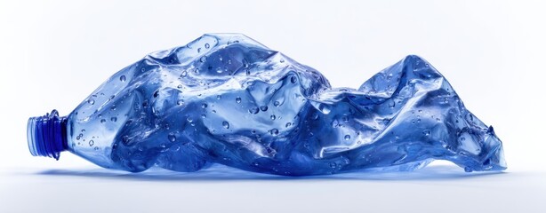 Fototapeta premium The Crushed Blue Plastic Bottle Lying on White Background for Environmental Concept