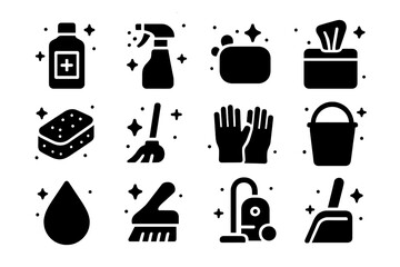 Sanitizing Icons Grid. Sanitizing. Solid icons set of Sanitizing: disinfectant bottle, spray bottle, soap, wipes, sponge, mop, gloves, bucket, droplet, brush,