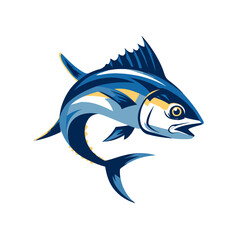 A stylized, dynamic illustration depicts a blue and yellow fish, angled towards the right