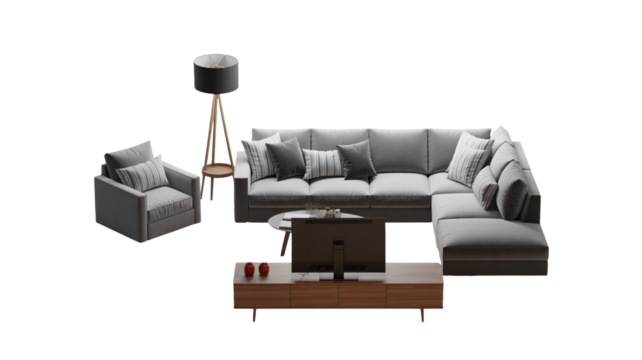 Modern living room interior design, cozy gray sectional sofa, stylish armchair, creating a relaxing home atmosphere, interior design inspiration