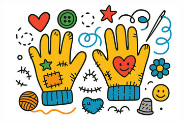 Fototapeta premium Colorful Doodle Gloves. Worn Gloves. Colorful Hand-drawn doodle Children illustration gloves, stitches, patch, thread, needle, button, star, heart, smiley