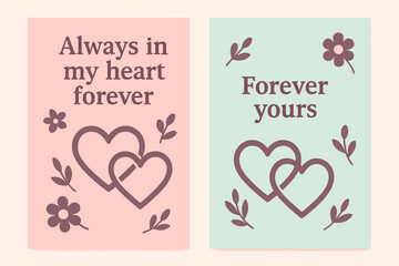 Intertwined Love Banners. Always in my heart forever. Two vertical A6 banners with safe margins, centered composition, no elements touching edges, flat vector