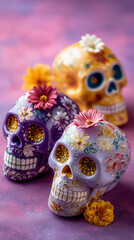 Colorful decorative skulls adorned with flowers celebrate the Day of the Dead tradition in a vibrant setting