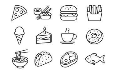 Food Line Icons. food, cuisine. Line icon set of food, cuisine: pizza, sushi, burger, fries, ice cream, cake, coffee, donut, ramen, taco, steak, fish. All