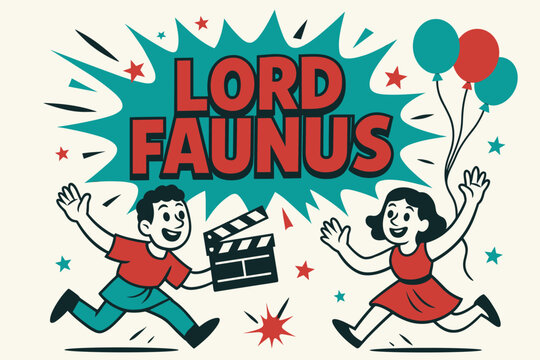 Lord Faunus Celebration. Lord Faunus banner, flat vector illustration, bold oversized text inside splash explosion, cartoon characters running and waving,