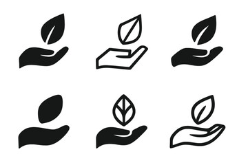 Harmonious Care Logos. Care. Set Logo of Care: hand holding leaf. harmonious logo variations of the same emblematic concept, each with different artistic