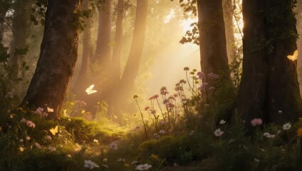 Sunlit forest path with wildflowers, butterflies, and glowing light filtering through trees