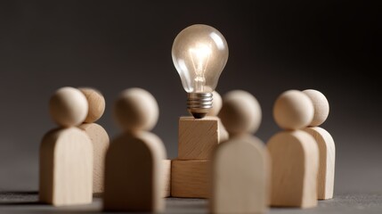 Central wooden figure with an emanating light bulb, symbolizing inspiration, with surrounding wooden figures in active discussion and teamwork. Creative leadership.