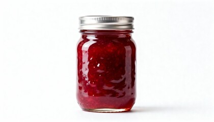 A glass jar filled with vibrant red fruit jam, sealed with a metal lid.