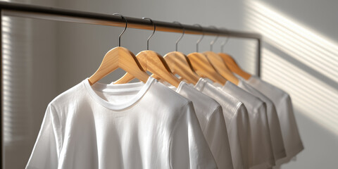 White t-shirts hanging on a clothing rack in a well-lit room during the early afternoon