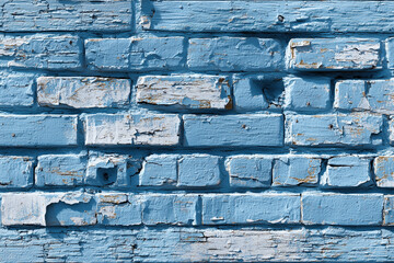 Blue brick wall with peeling paint and textured surface in a sunlit urban setting
