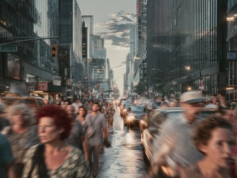 A vibrant urban rush hour scene capturing diverse commuters, taxis, and cyclists amidst towering skyscrapers
