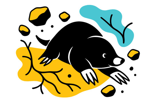 Playful Mole Digging. Mole Burrowing. Mole digging underground tunnels, floating dirt clumps and abstract root shapes, playful and dynamic underground scene.