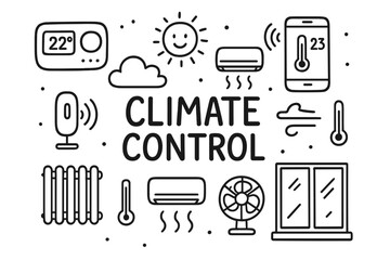 Fototapeta premium Climate Control Doodles. Climate Control. Hand-drawn doodle illustration Climate Control thermostat smart AC heater smartphone app sensor cloud fan window