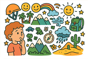 Child's Exploration Adventure. Idea Flow. Person sitting at abstract desk with floating geometric shapes and glowing arrows above, visualizing creative