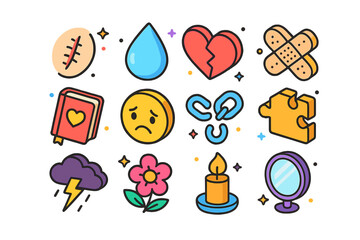 Trauma and Healing Icons. Trauma & Healing. Colorful isometric vector icons set of trauma & healing: scar mark, tear drop, broken heart, bandage, diary, sad