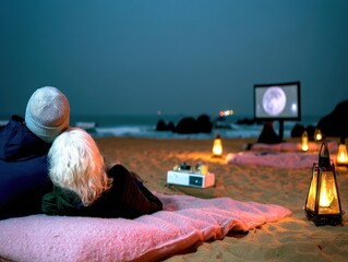 A romantic beachfront cinema experience, illuminated by candles and moonlight