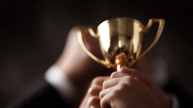 Dynamic view of a team hands collectively lifting a brilliant golden trophy, capturing the moment of receiving a prestigious business award.